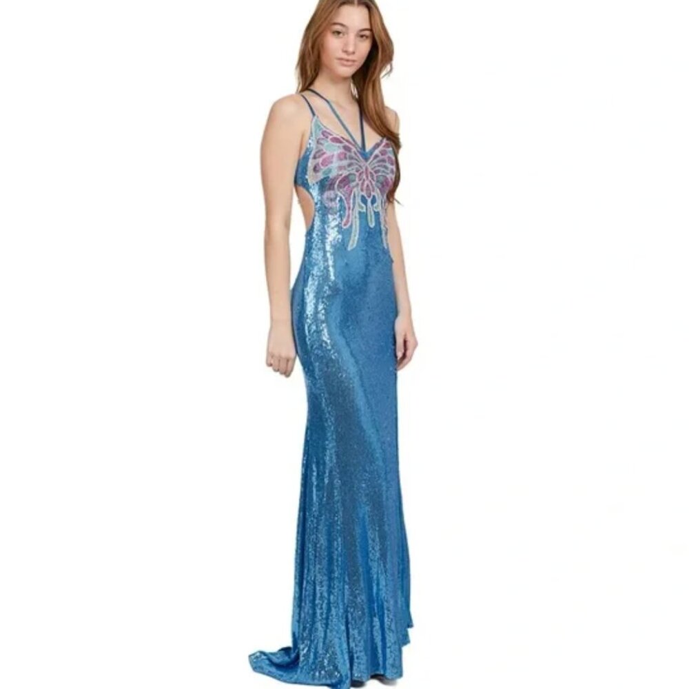 NWT Dear Moon Sequin Butterfly Applique V-Neck Lace Up Back Cutout Gown